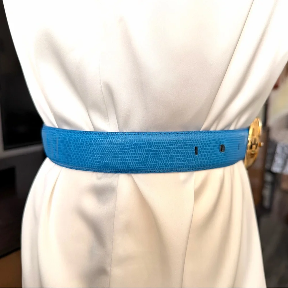 Liz Claiborne Blue Leather Belt with Gold Buckle